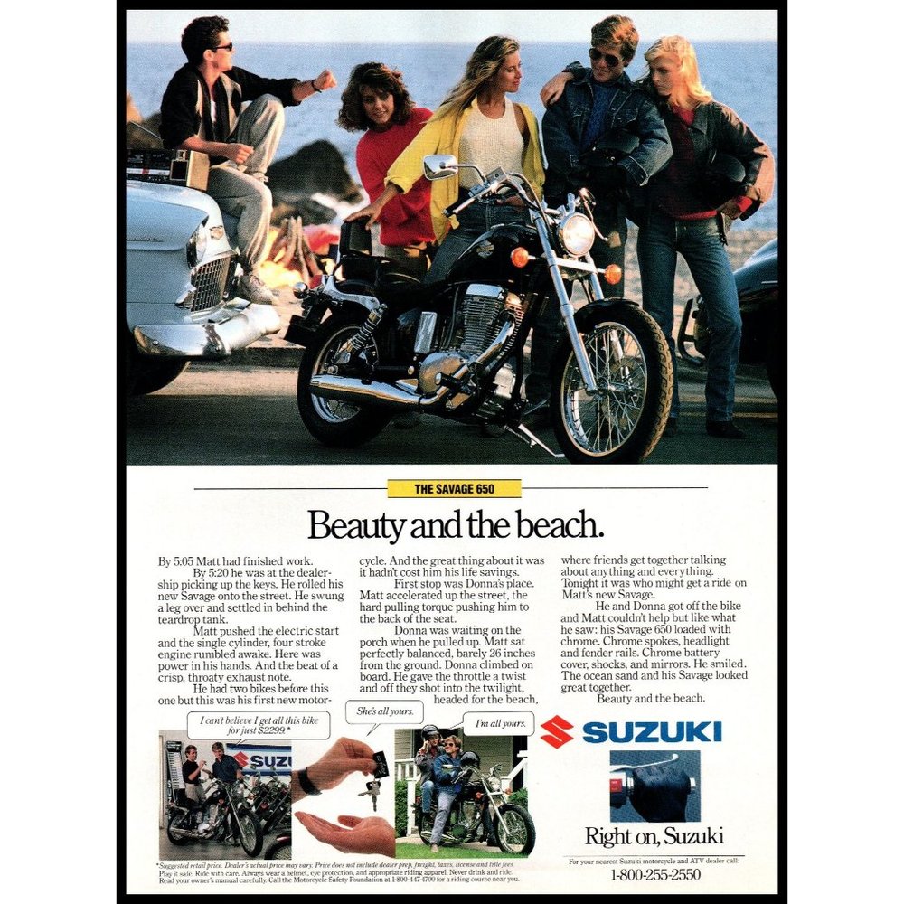 1987 Suzuki Savage 650 Motorcycle Cruiser Vintage Print Ad Beach Coast Wall Art
